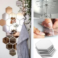 a collage of photos showing different things in the same room, including mirrors and furniture