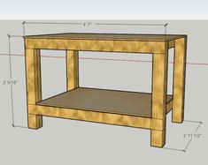 a wooden table with measurements for the top and bottom shelf on each side, including one drawer