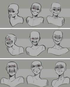 an animation character's face and head with different facial expressions, including red eyes