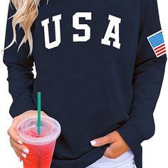 Casual Long Sleeve Graphic Shirts Crew Neck Sweatshirts Pullover Tops 60% Polyester 35%Cotton 5% Spandex Pull On Closure Navy Blue Sweatshirt Long Sleeve Shirt Usa Flag Fourth Of July Shirts Usa Americana Casual Tops, Crewneck Sweatshirt Loose Fit, Cute Graphic Tees, Crafted Into A Relaxed Silhouette, Easy To Dress Up Or Down On Trend Instagram Influencer Hamptons Americana Montauk, New York Rl Sweater Old Money Ivy League Sweatshirt Easy To Pair With Jeans/Leggings/Shorts/Skirts/Yoga Pants/Boot Rl Sweater, Baggy Shirts, Tunic Tops For Leggings, Usa Sweatshirt, Fourth Of July Shirts, Leggings Shorts, American Flag Print, Grey Leopard Print, Cute Graphic Tees