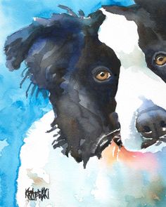 a painting of a black and white dog