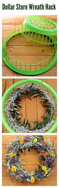 dollar store wreath hacket with flowers and leaves