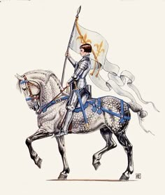 a drawing of a man riding on the back of a white horse with a flag