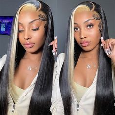 Black Wig Blonde Streaks, Black And White Skunk Stripe Hair, Straight Hair With Color, Black Women Hairstyles Wigs, White Skunk Stripe Hair, Black And Blonde Sew In, Highlights Wigs For Black Women, Black Wig With Blonde Highlights, Quickweave Styles