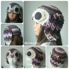 several pictures of a woman wearing a crocheted hat with flowers and leaves on it