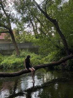 a woman sitting on a tree branch in the water