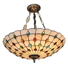 a chandelier hanging from the ceiling with many colored glass beads on it's arms