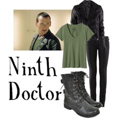 an image of a man in black clothes and boots with the words ninth doctor on it