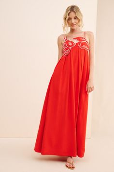 Fish Top Linen Blend Maxi Dress | Nuuly Fish Embroidery, Hak Tinggi, Fish Dress, Feminine Details, Elegant Maxi Dress, Halter Midi Dress, Red Midi Dress, Farm Rio, Linen Dress