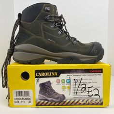 Carolina Size 11.5ee, 8ee Wide Men’s Green Leather Waterproof Safety Carbon Composite Toe Lace Up Hiking Boots Nib Waterproof Moc Toe Hiking Boots For Safety, Casual Leather Waterproof Boots For Safety, Insulated Round Toe Work Boots, Safety Boots With Gore-tex And Round Toe, Steel Toe Ankle Hiking Boots For Outdoor Activities, Weatherproof Leather Work Boots For Safety, Weatherproof Leather Boots For Safety, Weatherproof Leather Safety Boots, Gore-tex Waterproof Boots With Round Toe For Safety