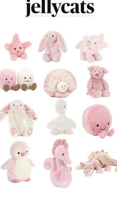 an advertisement for jellycats featuring various stuffed animals and toys in pink, white, and beige colors