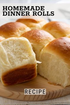 homemade dinner rolls on a cutting board with text overlay