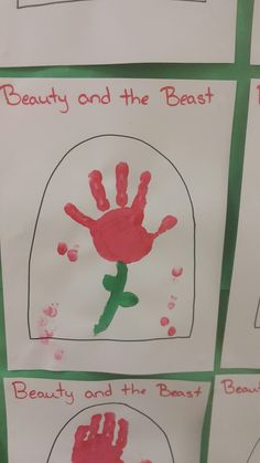 four different handprints with the words beauty and the beast written on them