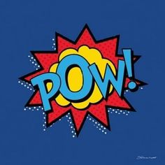 the word pow is written in blue and yellow with an explosion effect on it's side