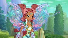 an animated image of a fairy with pink hair and blue wings standing in front of trees