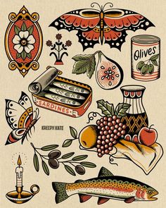 an old fashioned illustration of food and drinks