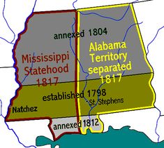 a map of the mississippi state with two separate states labeled in red and yellow,