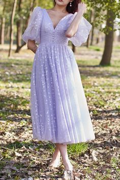 Tulle Puff Sleeves, Ivory Prom Dresses, Midi Prom Dress, Lavender Tea, Pantomime, Lavender Dresses, Tea Length, Dance Dresses, Dream Dress