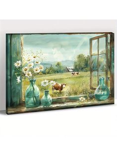 a painting of cows in a field with vases and flowers on the window sill