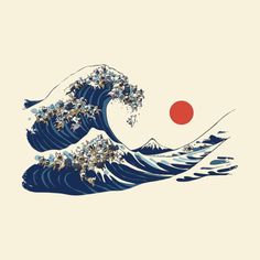 an image of the great wave with many people riding on it and one red sun in the background