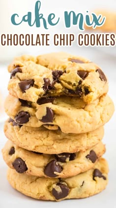 chocolate chip cookies stacked on top of each other with the words cake mix in the middle