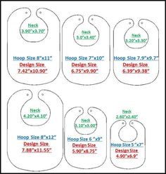 four baby bibs with measurements for each size