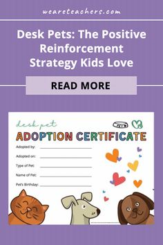 a reward card with two dogs and a cat on it, the text reads adoption certificate