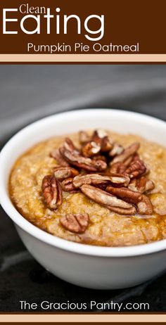 pumpkin pie oatmeal with pecans in a white bowl