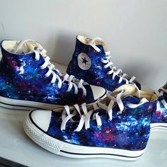 Handpainted galaxy shoes. Custom galaxy shoes. Acrylic paint on canvas Shoes. Every size is possible. I use US size chart! Shoes are hand painted using High grade acrylic paint. I use a special textile paint designed to be flexible on fabric. The paint is water proof and fade proof. Prices depends on what model of shoes you will choose. ------- Let me know the style and your shoe size upon ordering as well as what you want painted on them, and feel free to send me any sketches or ideas you have. Celestial Shoes, Galaxy Outfit, Galaxy Converse, Galaxy Shoes, Galaxy Gifts, Textile Paint, Galaxy Vans, Style Converse, Acrylic Paint On Canvas