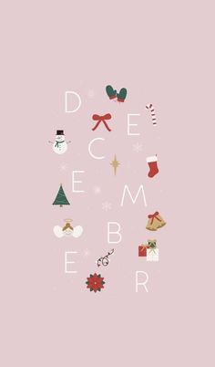 a pink background with snowmen and christmas decorations on it's side, the words december