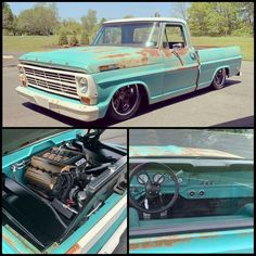 an old blue truck with the hood up and engine in it's center compartment