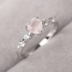 Custom Rose Quartz Proposal Ring Sterling Silver Heart Shaped Pink Quartz Engagement Ring - Etsy Cute Rings For Women, Promise Ring Aesthetic, Rings Engagement Silver, Minimalist Engagement Ring Silver, Pretty Promise Rings, Silver Engagement Rings Simple, Quince Rings, Proposal Rings Engagement, Promise Rings Silver