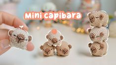 small crocheted teddy bears sitting next to each other in front of a sign that says mini capilara