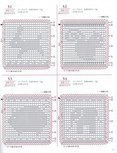 four rows of crocheted squares with numbers in each row and the words written on them