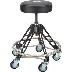 a black stool with wheels on it