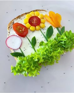 a piece of bread with lettuce, tomatoes and other vegetables arranged on it