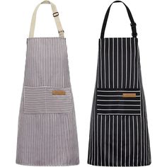 two aprons, one black and the other white with stripes on them are side by side