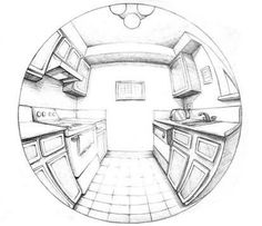 a pencil drawing of a kitchen with an oven and sink in it's center