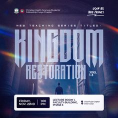 the poster for kingdom restoration, featuring a man standing in front of an open doorway