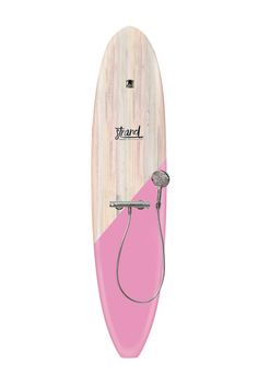 a surfboard with a pink and white design on the bottom, attached to it