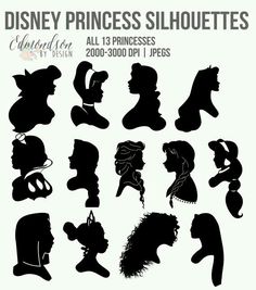 the silhouettes of disney princesses are shown in black and white