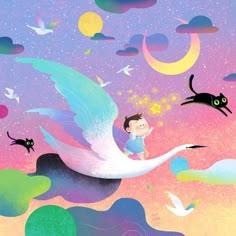 an illustration of a boy on a swan flying through the sky with cats and birds around him