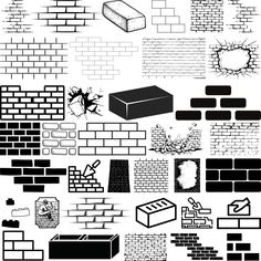 black and white graphic elements including brick walls, bricks and mortars are shown in this image