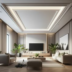 a living room with couches, chairs and a flat screen tv on the wall