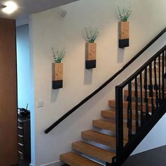 three wooden planters on the wall above a stair case with plants in them, along with two black handrails