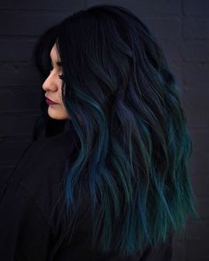 Dark Mermaid Hair Color, Hair Colors That Are Easy To Maintain, Medium Length Vivid Hair, Colored Bayalage Hair, Dark Hair With Vivid Money Piece, Unique Hair Colors For Brunettes, Dark Vivid Hair Color, Forest Green Hair Dark, Teal And Black Hair