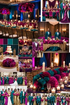 a collage of pictures with people dressed in formal wear and flowers on the table