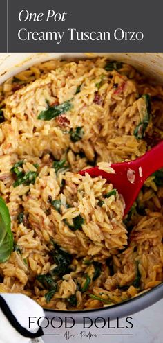 one pot creamy tuscani orzo with spinach and other ingredients in it