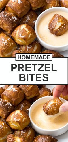 homemade pretzel bites being dipped with dipping sauce