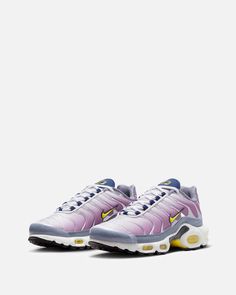 Women's Nike Air Max Plus in Violet Dust and High Voltage. This low-top sneaker features a mesh base with contrasting TPU overlays. Nike branding is include on the sides and tongue with 'TN' branding on the heel and sole of the sneaker. Purple Low-top Custom Sneakers With Air Max Cushioning, Purple Air Max Nike, Nike Purple Sneakers With Rubber Sole, Purple Low-top Running Shoes With Air Max Cushioning, Multicolor Nike Air Max Low-top For Sports, Nike Tn, Air Max Women, Nike Air Max For Women, Air Max Plus